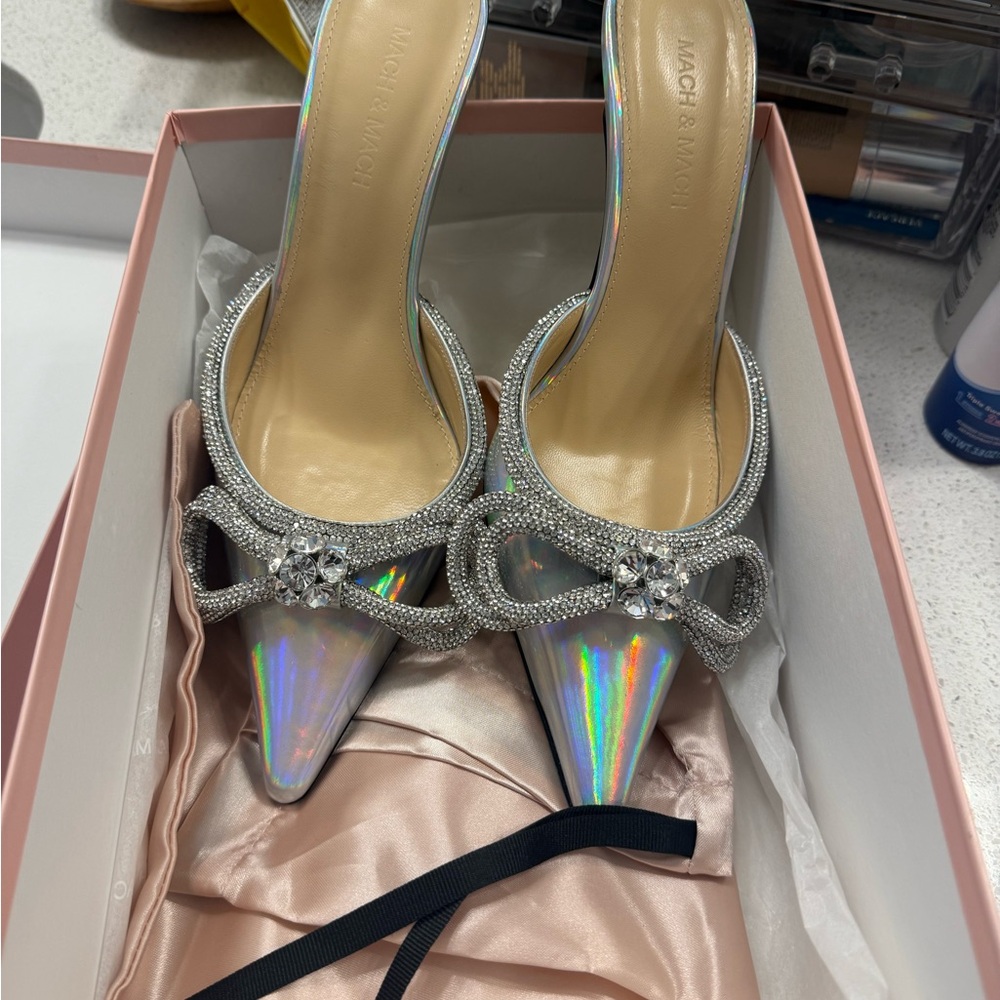 MACH & MACH Silver Heels with Crystal Embellishment